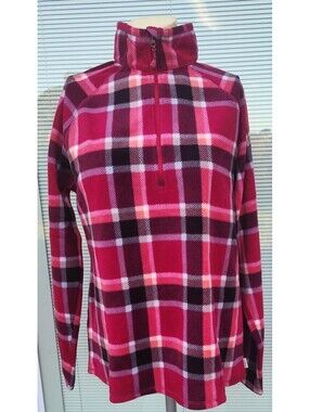 Eddie Bauer Women's Fleece 1/4 Zip Jacket Dark Berry Red Plaid Large